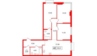 Квартира в ЖК «Таллинский парк», 3 комнатная, 85.01 м², 2 этаж