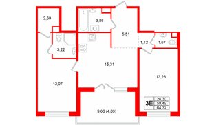 Квартира в ЖК «Тишин», 2 комнатная, 64.32 м², 10 этаж