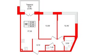 Квартира в ЖК «Кронунг Юг», 2 комнатная, 59.2 м², 1 этаж