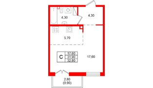Квартира в ЖК Кронунг Юг, студия, 32.8 м², 5 этаж