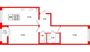Квартира в ЖК «Кронунг Юг», 2 комнатная, 66.6 м², 5 этаж