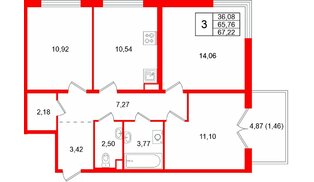 Квартира в ЖК «Тишин», 3 комнатная, 67.22 м², 8 этаж