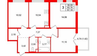 Квартира в ЖК «Тишин», 3 комнатная, 67.18 м², 11 этаж