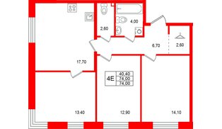 Квартира в ЖК «Лисино», 3 комнатная, 74 м², 2 этаж
