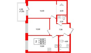 Квартира в ЖК «Лисино», 2 комнатная, 58.19 м², 2 этаж