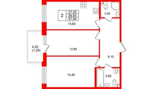 Квартира в ЖК «Лисино», 2 комнатная, 57.89 м², 2 этаж
