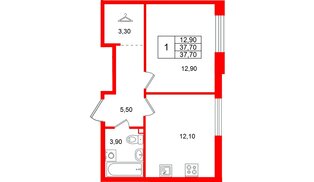 Квартира в ЖК Лисино, 1 комнатная, 37.7 м², 2 этаж