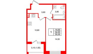 Квартира в ЖК «Лисино», 1 комнатная, 35.55 м², 2 этаж