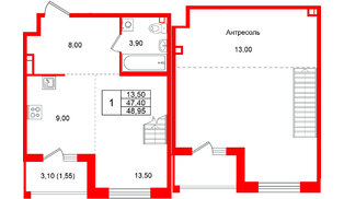 Квартира в ЖК «Лисино», 1 комнатная, 48.95 м², 4 этаж