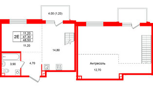 Квартира в ЖК «Лисино», 1 комнатная, 48.5 м², 4 этаж