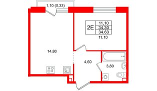Квартира в ЖК «Лисино», 1 комнатная, 34.63 м², 3 этаж