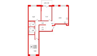 Квартира в ЖК «Лисино», 3 комнатная, 96.1 м², 2 этаж