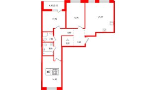 Квартира в ЖК «Лисино», 3 комнатная, 92 м², 2 этаж