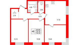 Квартира в ЖК «Лисино», 3 комнатная, 74.1 м², 2 этаж