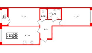 Квартира в ЖК Кронунг Юг, 2 комнатная, 65.7 м², 2 этаж