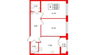 Квартира в ЖК Кронунг Юг, 2 комнатная, 56.8 м², 3 этаж