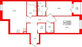 Квартира в ЖК Лисино, 2 комнатная, 78.3 м², 1 этаж