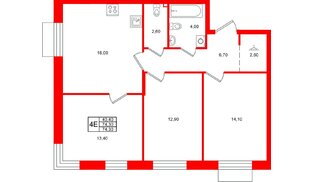 Квартира в ЖК «Лисино», 3 комнатная, 74.3 м², 2 этаж