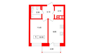 Квартира в ЖК Аксиома.Возрождение, 1 комнатная, 32 м², 6 этаж