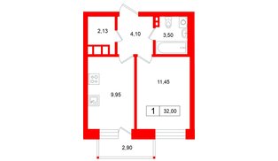 Квартира в ЖК «Аксиома.Возрождение», 1 комнатная, 32 м², 2 этаж