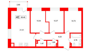 Квартира в ЖК Аксиома.Возрождение, 3 комнатная, 68.46 м², 6 этаж