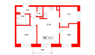 Квартира в ЖК Аксиома.Возрождение, 3 комнатная, 59.47 м², 10 этаж