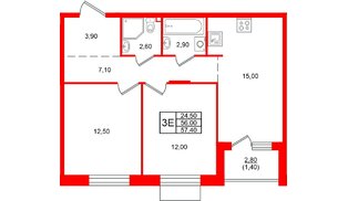 Квартира в ЖК «Лисино», 2 комнатная, 57.4 м², 2 этаж