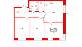 Квартира в ЖК «Лисино», 3 комнатная, 74.4 м², 2 этаж