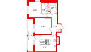 Квартира в ЖК «Город звёзд», 2 комнатная, 56.83 м², 10 этаж