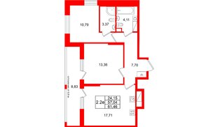 Квартира в ЖК «Город звёзд», 2 комнатная, 57.04 м², 18 этаж