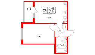 Квартира в ЖК Любоград, 1 комнатная, 42.55 м², 2 этаж