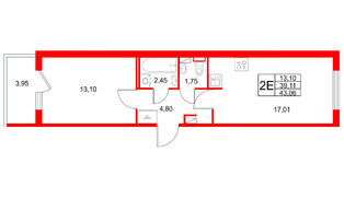 Квартира в ЖК Любоград, 1 комнатная, 43.06 м², 1 этаж