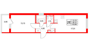 Квартира в ЖК Любоград, 1 комнатная, 43.06 м², 2 этаж