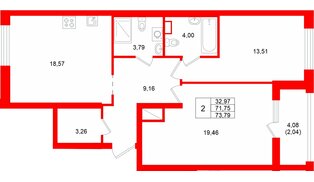 Квартира в ЖК Квартал «Новый Московский», 2 комнатная, 73.79 м², 2 этаж