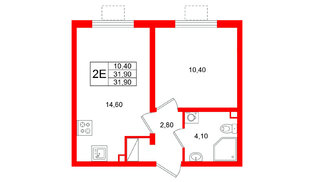 Квартира в ЖК «Ручьи–2», 1 комнатная, 31.9 м², 20 этаж