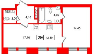 Квартира в ЖК «Коллекционер», 1 комнатная, 42.8 м², 6 этаж