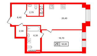 Квартира в ЖК Коллекционер, 1 комнатная, 56.8 м², 6 этаж