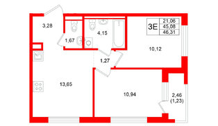 Квартира в ЖК GloraX Новоселье, 2 комнатная, 46.31 м², 9 этаж
