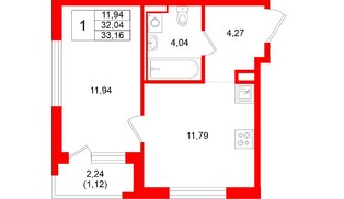 Квартира в ЖК «Новоселье», 1 комнатная, 33.16 м², 1 этаж