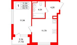 Квартира в ЖК «Новоселье», 1 комнатная, 33.15 м², 7 этаж