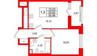 Квартира в ЖК «Город звёзд», 1 комнатная, 33.82 м², 22 этаж