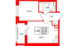 Квартира в ЖК «Город звёзд», 1 комнатная, 32.48 м², 12 этаж