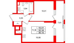 Квартира в ЖК «Город звёзд», 1 комнатная, 32.34 м², 2 этаж