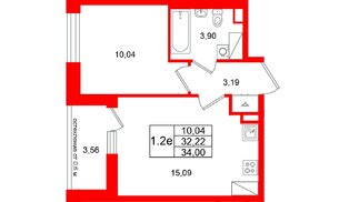 Квартира в ЖК «Город звёзд», 1 комнатная, 32.22 м², 22 этаж