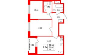 Квартира в ЖК «Город звёзд», 2 комнатная, 51.02 м², 6 этаж