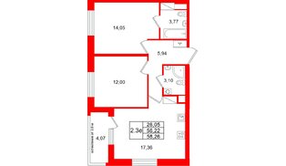 Квартира в ЖК «Город звёзд», 2 комнатная, 56.22 м², 4 этаж
