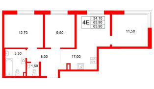 Квартира в ЖК Plus Пулковский, 3 комнатная, 65.9 м², 1 этаж
