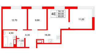 Квартира в ЖК Plus Пулковский, 3 комнатная, 65 м², 4 этаж