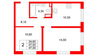 Квартира в ЖК Plus Пулковский, 2 комнатная, 47.5 м², 2 этаж