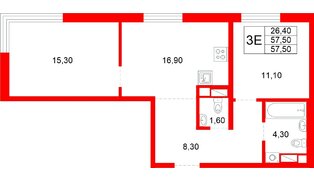 Квартира в ЖК Plus Пулковский, 2 комнатная, 57.5 м², 2 этаж